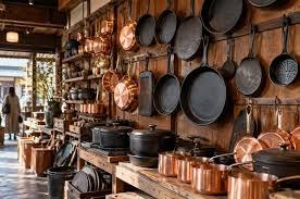 Koperen en gietijzeren pannen aan een houten wand in een winkel in Kappabashi