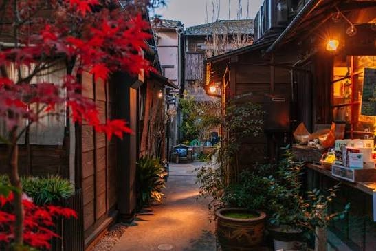 Een smal steegje in Yanaka bij valavond, met houten huizen, lampjes en een rode esdoorn