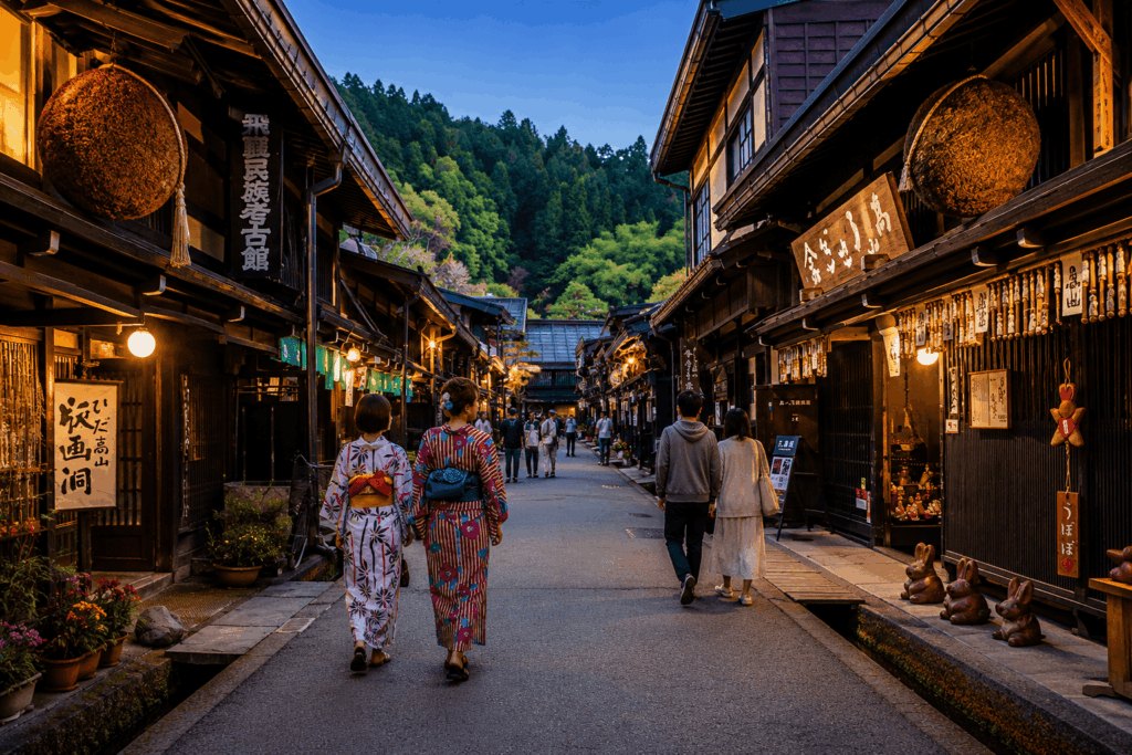 De oude straat van Sanmachi in Takayama bij valavond, met houten gevels en lantaarns
